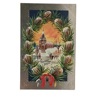New Year Silver Embossed Postcard Pine Cone Wreath Church Snow Series 19