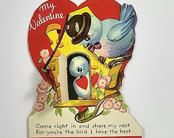 Vintage Mechanical Valentine Card Bird in Hat & Bow Tie Little Bird Behind Door Holding Heart