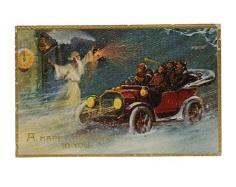 New Year's Postcard Gold Embossed Father Time in Night Greeting People in Old Timey Car