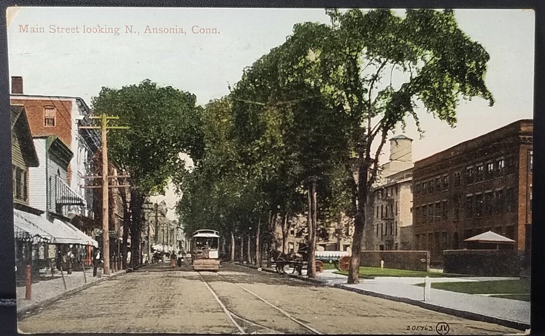 Ansonia CT Postcard Main Street Looking North With Trolley Car 1909