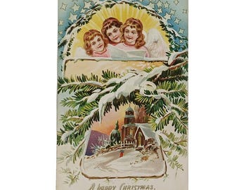 Vintage Raphael Tuck Christmas Postcard | Embossed Angels Choir & Snow Scene