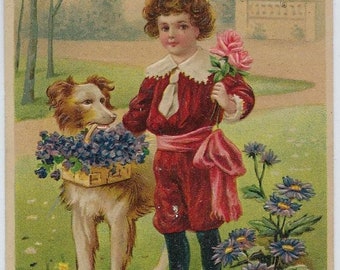 Valentine Postcard Embossed Young Boy with Dog Holding Flowers Series 286 Germany Early Undivided Back