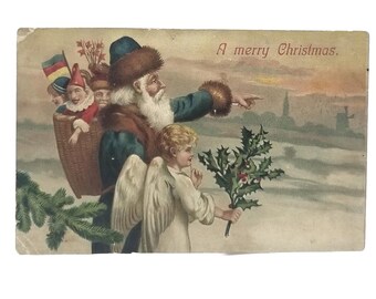 Antique Christmas Postcard Santa Claus in Blue Robe with Angel & Elves
