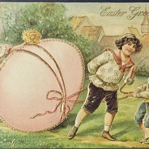 Easter Greetings Children Rolling Large Egg Embossed Gilded Postcard