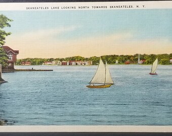 NY Scenic Linen Postcard Sailboats at Skaneateles Lake New York Looking North