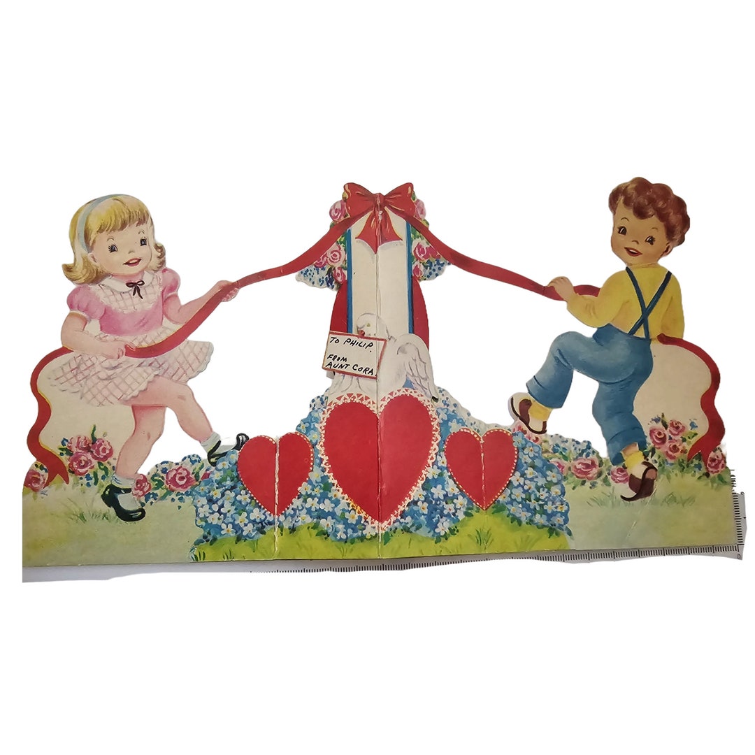 Vintage Die Cut Valentine Card Fold Out Children Playing Maypole Ring ...