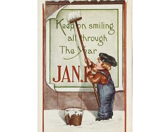 Vintage Whitney Publishing New Year Postcard | Boy Hanging Jan 1st Sign
