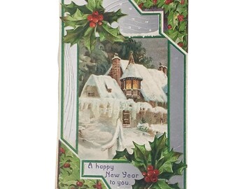 Antique Happy New Year Postcard | Silver Embossed Winter Landscape | Vintage Holiday Card