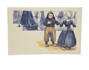 Dutch Children Boy Girl with Sailboats Delft Blue PFB Series 3939