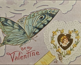 Valentine Postcard Blue Butterfly with Cupid in Heart Purple Background