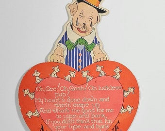 Vintage Die Cut Valentine Card Dog in Top Hat & Suit Over Giant Heart with Poem