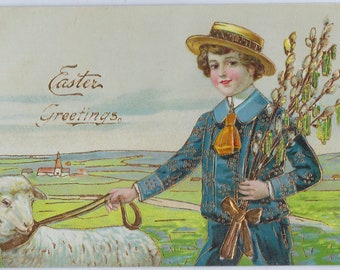 Easter Postcard Gold Embossed Boy in Blue Suit with Lamb Holding Pussy Willows Germany