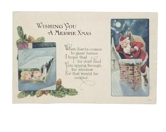 Antique Christmas Postcard, Santa Down Chimney Children Watching, Edwardian  Card 351