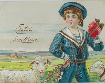 Easter Postcard Gold Embossed Boy in Blue Sailor Suit with Lambs Holding Wrapped Egg Germany