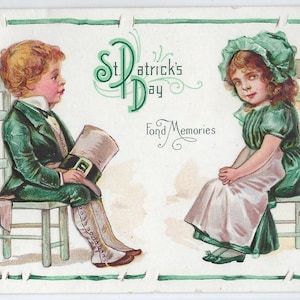 St Patricks Day Postcard Embossed Two Children Seated in Green Series 14 Best Memories