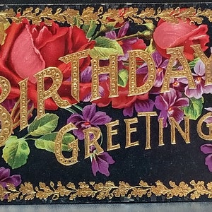 Flower Birthday Greeting Postcard Gold Embossed Red Roses Gel Finish Series 506