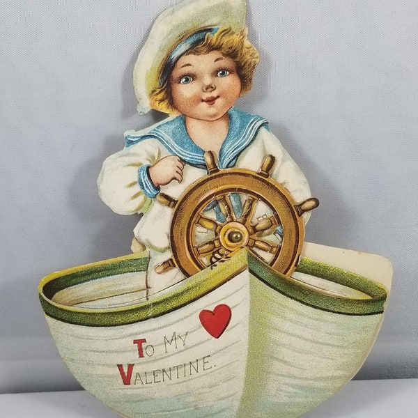 RARE Vintage Antique Die Cut Mechanical Valentine Card Little boy in Sailor Suit Turning the Helm of Boat