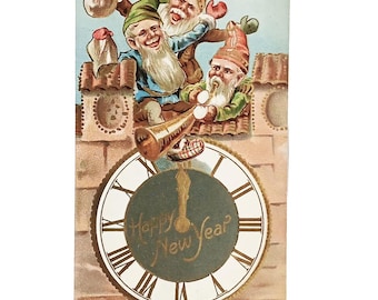 New Year's Postcard Gold Embossed Card Elves Celebrating Over Giant Time Clock