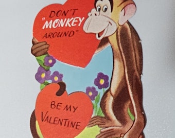 Vintage Valentine Card Monkey Holding Heart "Don't Monkey Around"