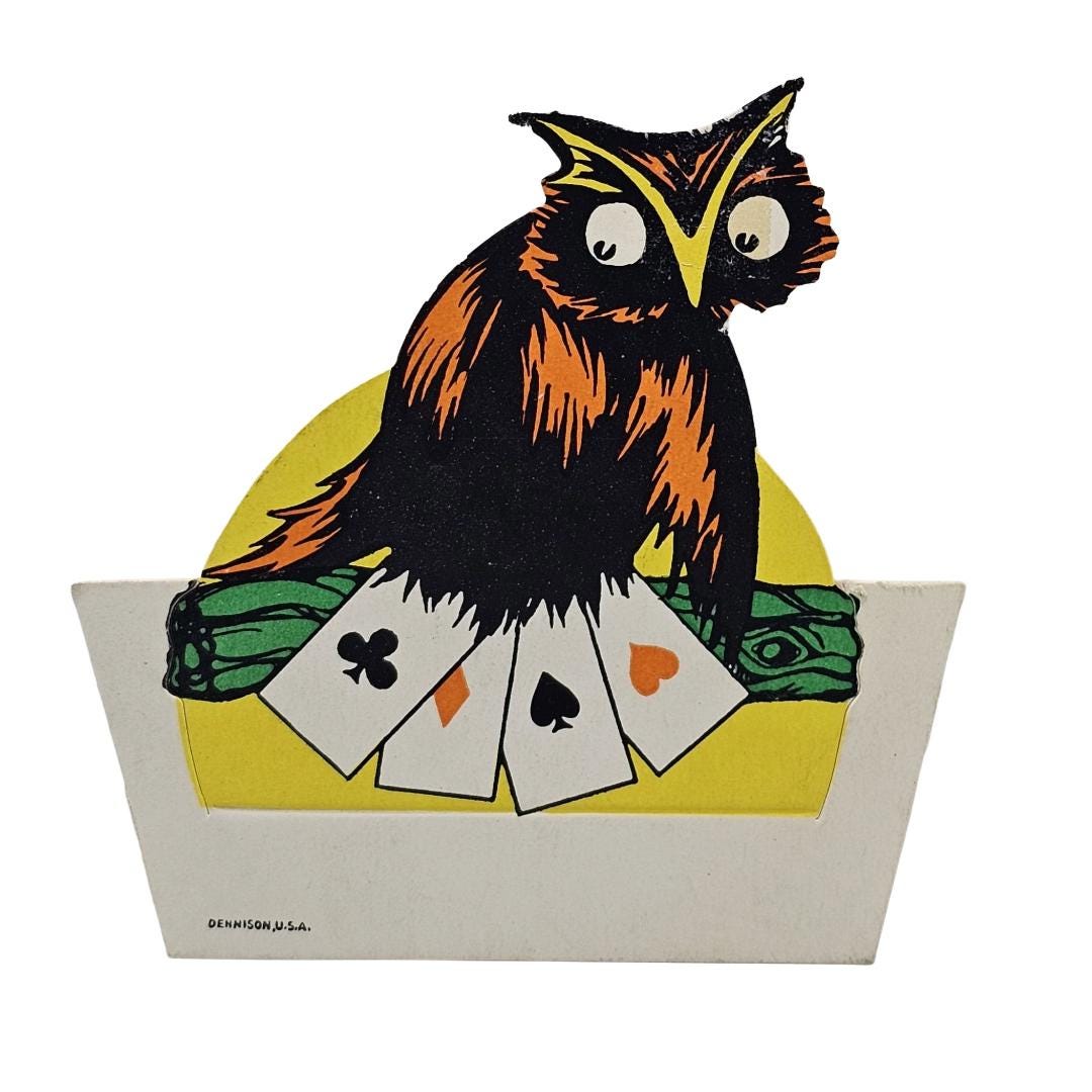Vintage Dennison Halloween Place Card Die Cut Owl Holding Playing Cards ...
