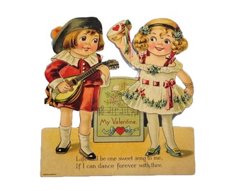 Larger Sized 7x7 Die Cut Mechanical Valentine Card Little Girl Dancing While Boy Plays Mandolin Printed in Germany