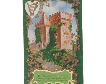 Saint Patrick's Day Postcard Blarney Castle Gold Embossed Clovers