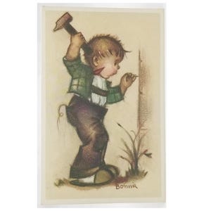 May include: Vintage illustration of a young child hammering a nail into a wooden surface. The child wears a green plaid jacket, brown pants, and suspenders. The artwork has a soft, pastel color palette and is signed "Bonnie" in the lower right corner.
