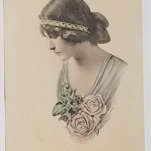 Edwardian Woman in Blue Gown Holding Pink Flowers Hand Tinted Artist Postcard