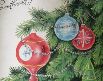 Vintage Christmas Card Ornament: Padded Silk Glitter Sweetheart Decor