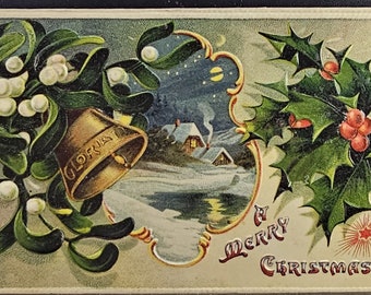 Christmas Postcard Holiday Bell With Landscape Mistletoe & Holly Made in Germany