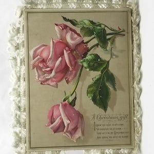Christmas Silk Fringe Card Double Sided Flower Roses with Poem