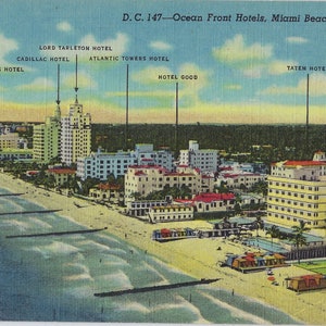 Ocean Front Hotels Coast Line Miami Beach FL 1940s Florida Linen Postcard