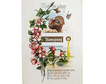 Thanksgiving Postcard Art Nouveau Style Turkey with Flowers