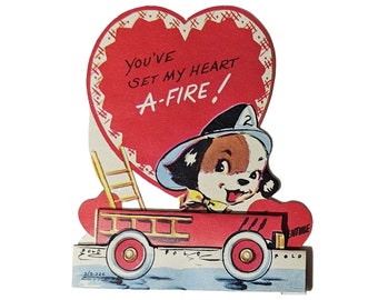 Vintage Die Cut Valentine Card Dalmatian Puppy Dog in Fire Truck