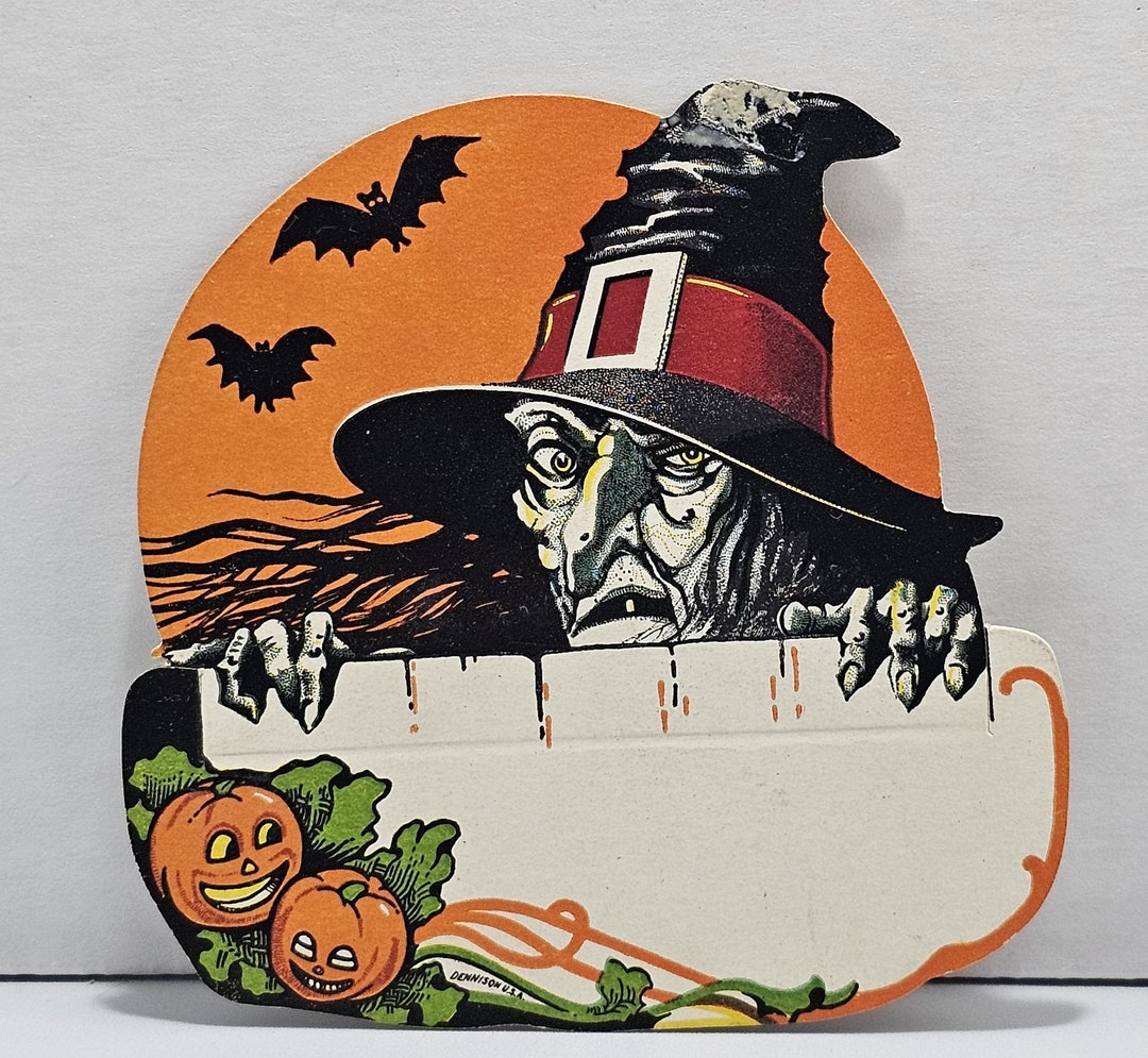 Antique Vintage Halloween Die Cut Dennison Deco Place Card Scary Witch ...