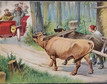 Comic Postcard Artist Arthur Thiele Man with Hay Wagon Greeted by Car Full of People on Dirt Lane Series 1340