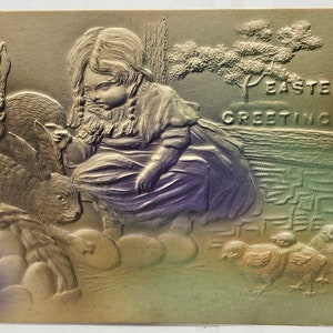 Easter Postcard Embossed with Airbrush Paint Little Girl Searching for Eggs with Bunny Rabbit