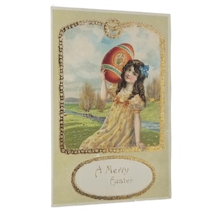 Easter Postcard Young Girl Holding Giant Pink Egg Art Nouveau Style Gold Embossed