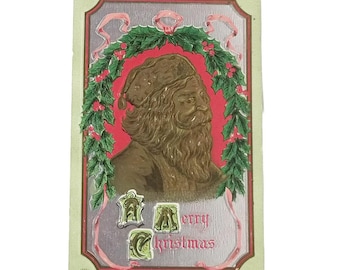 Antique Gold Embossed Father Christmas Santa Claus in Tassel Cap with Holly Wreath