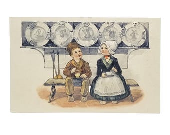 Dutch Children in Kitchen with Plate Rack Delft Blue PFB Series 3939