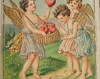 Valentine's Postcard Embossed Image Cupids Choosing Hearts from Basket Gold Embossed Wings & Trim Series 647