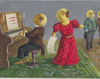 Easter Postcard Anthropomorphic Chick in Suit Playing Piano Female Chick in Dress Singing Silver Background Germany