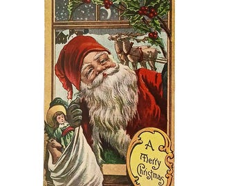 Vintage Santa Claus in Window Christmas Postcard | Antique XMAS Series 6609 | Reindeer Holiday Decor