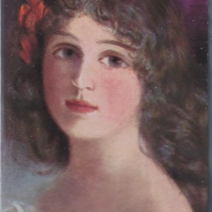 Edwardian Brunette Beauty Woman in White Dress with Red Rose Artist Postcard Series 707