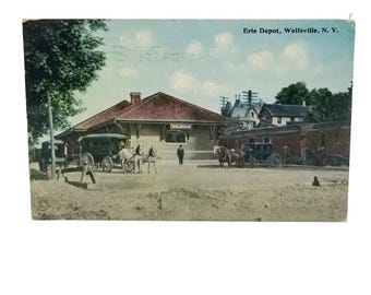 Vintage 1910s Erie Depot Postcard | Wellsville, NY Railroad Train Station