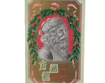 Antique Embossed Father Christmas Santa Claus in Tassel Cap with Holly Wreath Gold Background
