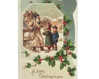 Antique Christmas Postcard, Old World Santa in White Robe, Saint Nick with Children in Snow