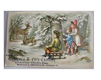 Advertising Trade Card Die Cut Arbuckle Candies Winter Children