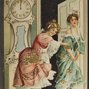 New Year Postcard Edwardian Dressed Women Sprinkling Gold Embossed Four Leaf Clovers Dutch Greeting
