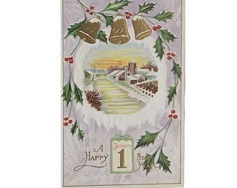 Antique Happy New Year Postcard | Gold Embossed Bells | Victorian Holiday Card | Winter Landscape Card
